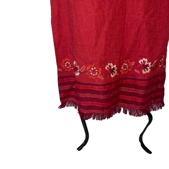 New Graff Vintage Maxi Dress Size Small Red Linen Blend Embroidered Fringe Hem - Picture 9 of 13